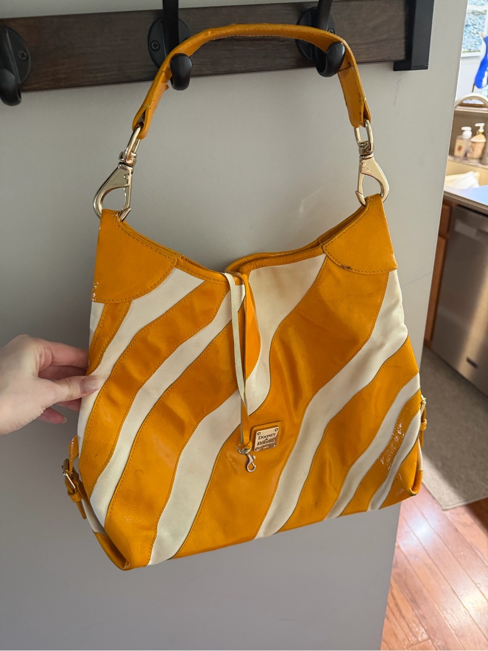 Dooney & Bourke Yellow and Cream Striped Leather Shoulder Bag